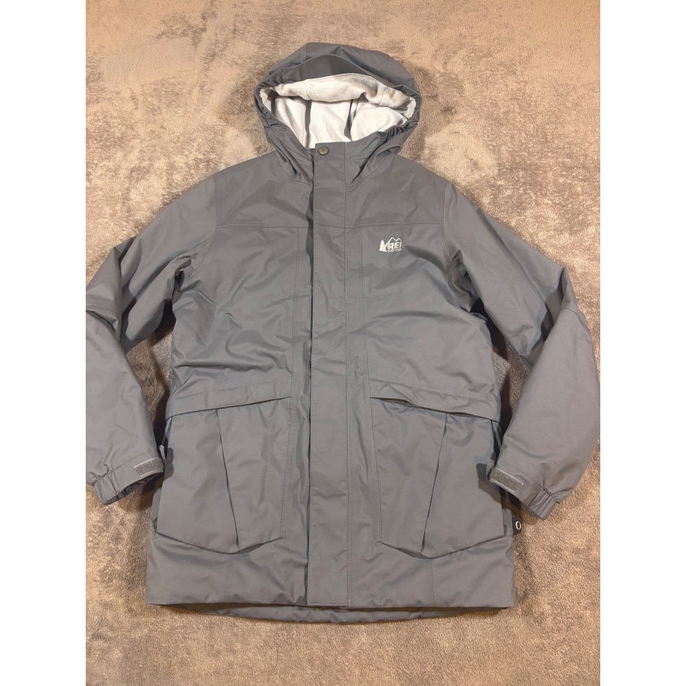 REI Co-op Boys Gray Insulated Hooded Parka Jacket Size M 10-12 Fleece Lined